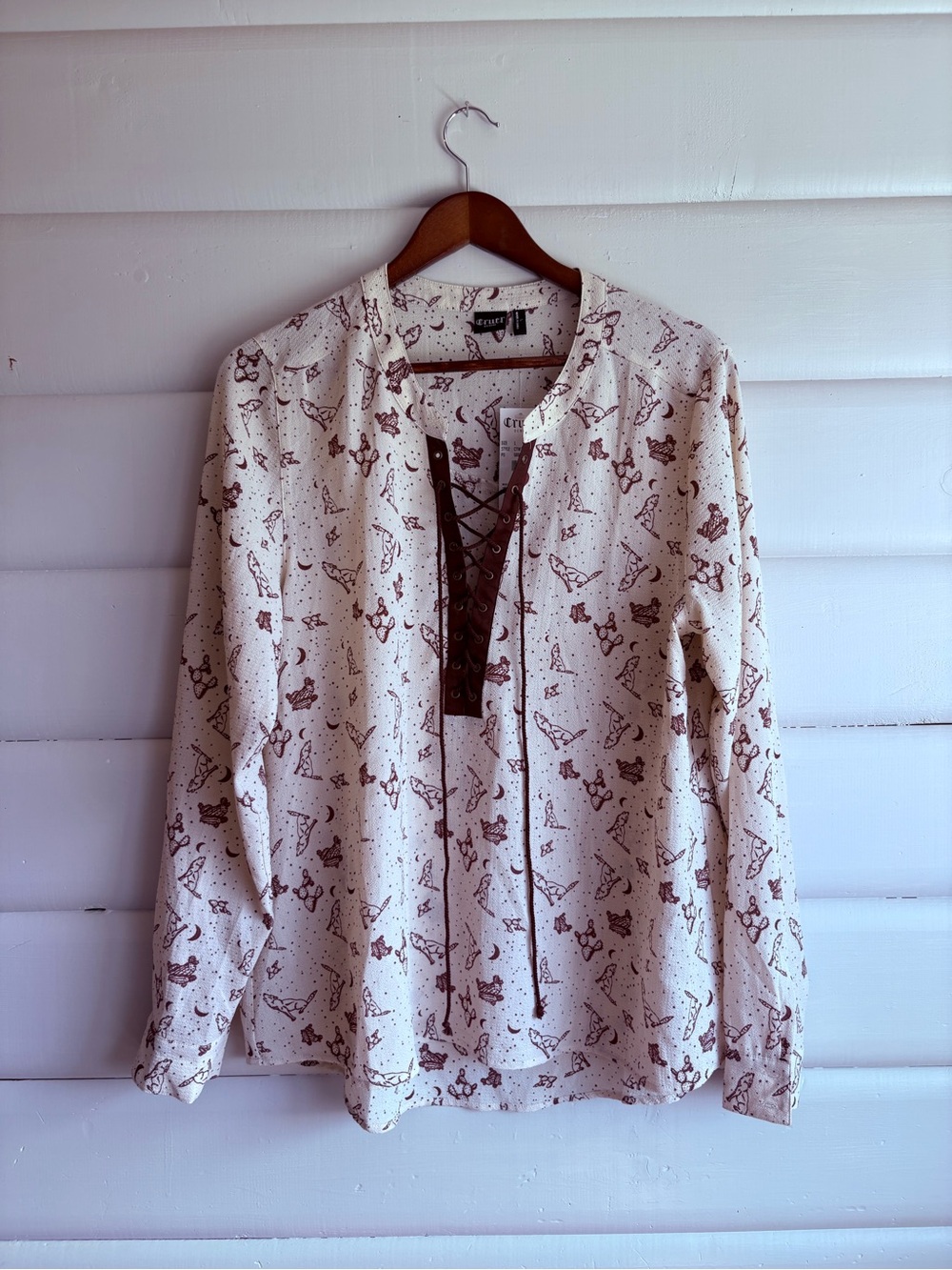 NWT Cruel Denim Western Lace Up Horse Print Blouse Cream Burgundy Large Boho